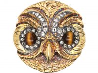 French 18ct Gold, Rose Diamond & Tiger's Eye Brooch of an Owl's Head by Rene Boivan