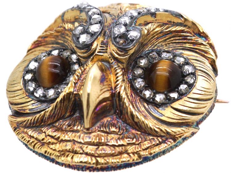 French 18ct Gold, Rose Diamond & Tiger's Eye Brooch of an Owl's Head by Rene Boivan