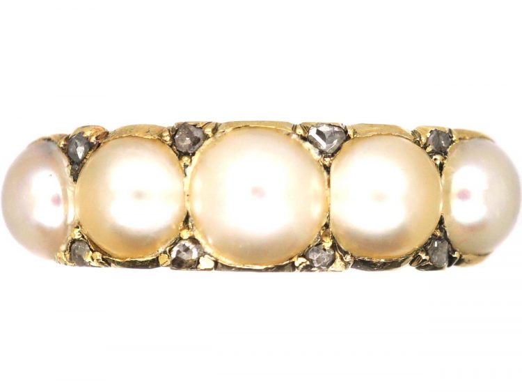 Victorian 18ct Gold Ring set with Five Natural Pearls with Rose Diamond Points