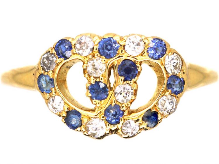 Edwardian 18ct Gold, Entwined Hearts Ring set with Sapphires & Diamonds