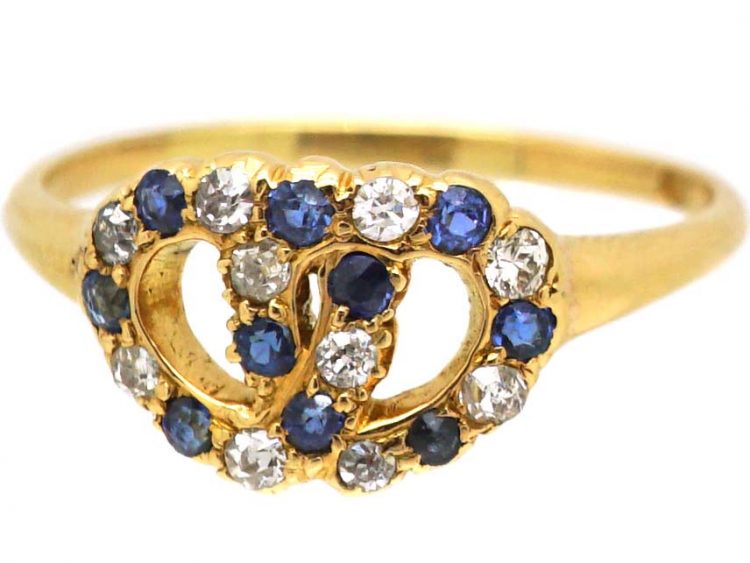 Edwardian 18ct Gold, Entwined Hearts Ring set with Sapphires & Diamonds