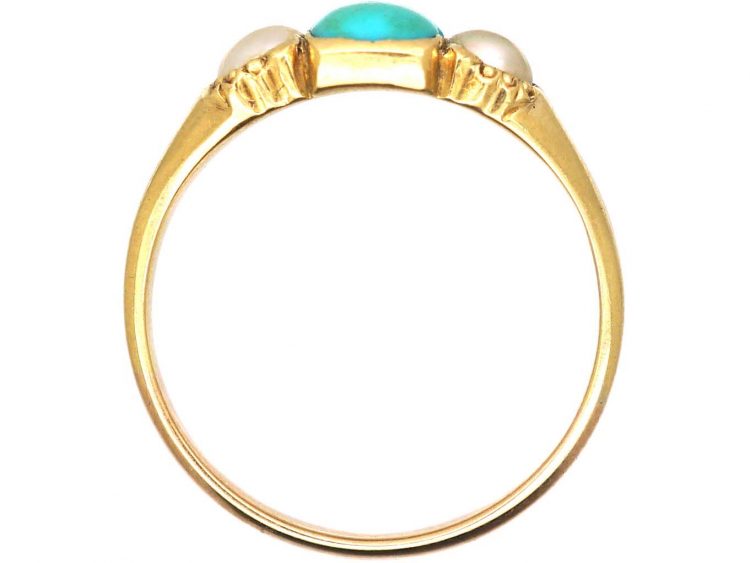 Victorian 18ct Gold Ring set with a Turquoise & Two Natural Split Pearls
