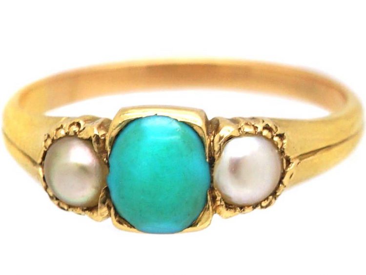 Victorian 18ct Gold Ring set with a Turquoise & Two Natural Split Pearls