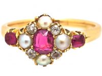 Edwardian 18ct Ruby, Diamond & Natural Split Pearl Ring