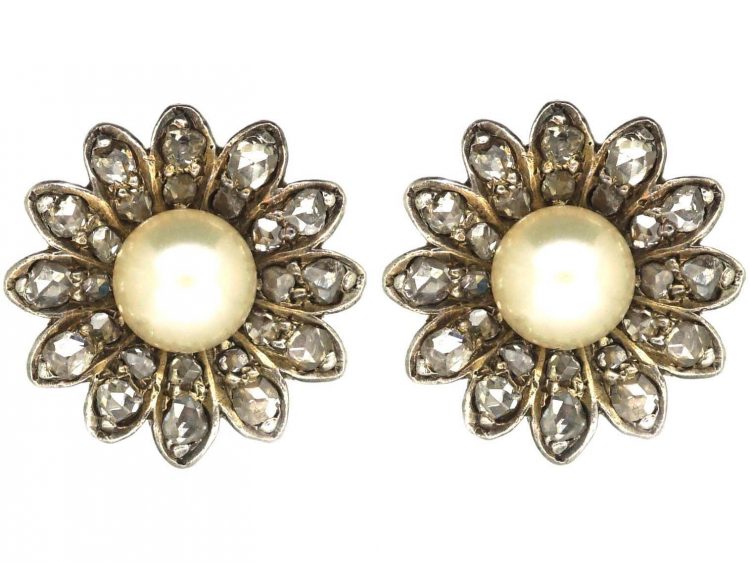 Edwardian Rose Diamond & Natural Bouton Pearl Flower Earrings