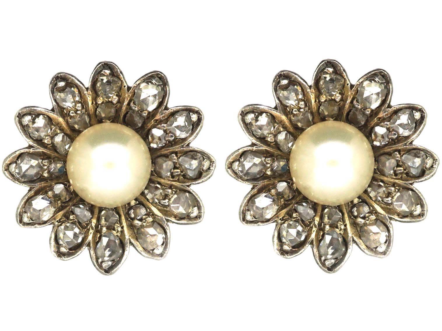Edwardian Rose Diamond & Natural Bouton Pearl Flower Earrings (349U ...