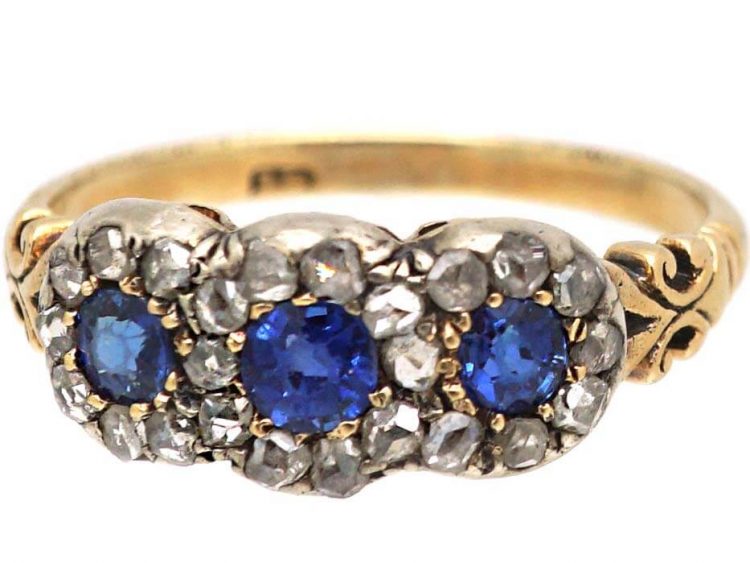 Edwardian 18ct Gold Triple Cluster Ring set with Three Sapphires & Rose Diamonds