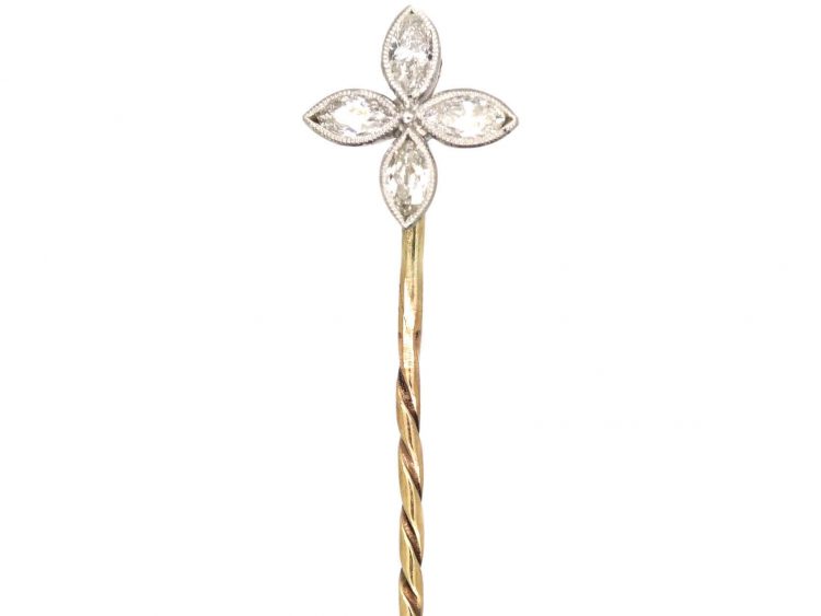 Edwardian 18ct Gold & Platinum, Quatrefoil Tie Pin set with Marquise Diamonds