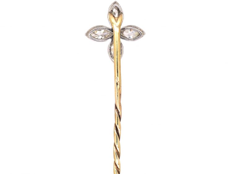 Edwardian 18ct Gold & Platinum, Quatrefoil Tie Pin set with Marquise Diamonds