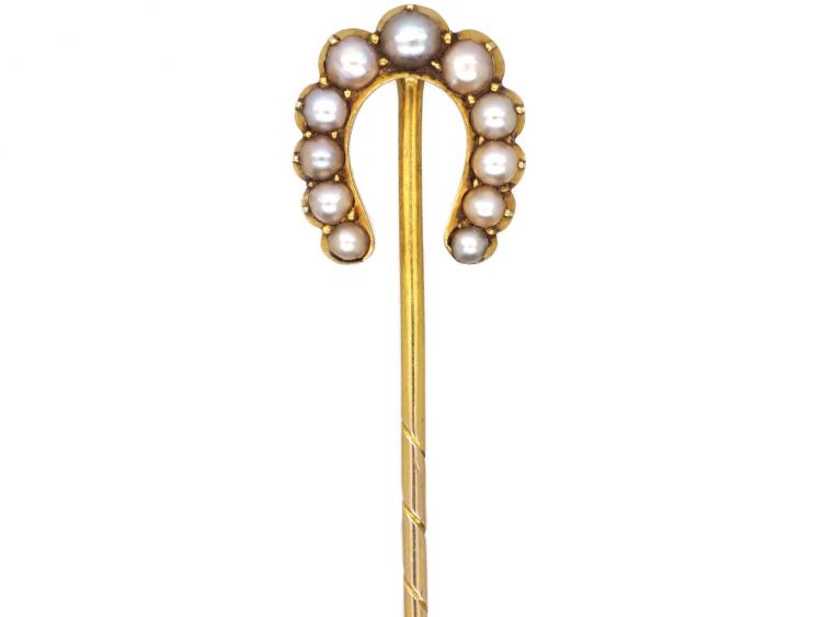 Edwardian 15ct Gold Horseshoe Tie Pin set with Natural Split Pearls