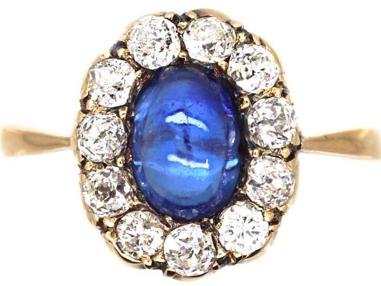 Edwardian 15ct Gold, Cabochon Sapphire & Diamond Cluster Ring