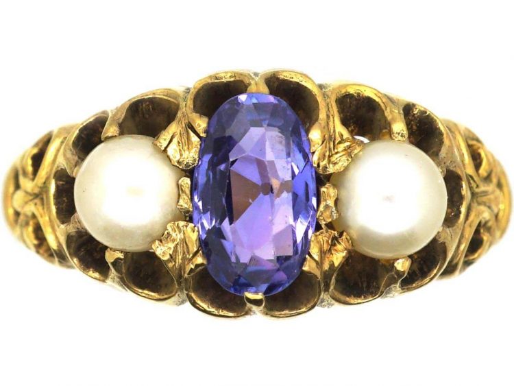 Victorian 15ct Gold Ring set with a Colour Change Sapphire & Two Pearls