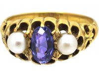 Victorian 15ct Gold Ring set with a Colour Change Sapphire & Two Pearls