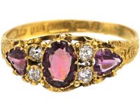 Victorian 15ct Gold Ring set with a Garnet, Two Heart Shaped Garnets & Diamonds