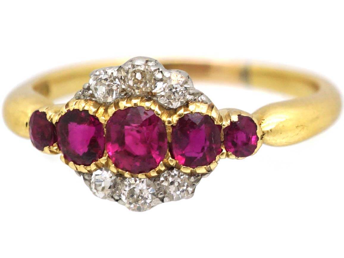 Edwardian 18ct Gold & Platinum Cluster Ring set with Five Rubies