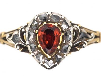 Georgian 18ct Gold & Silver Heart Shaped Ring set with a Garnet & Rose Diamonds