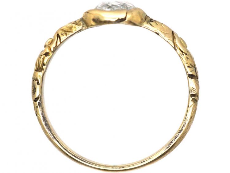 Georgian 15ct Gold & Cushion Cut Diamond Ring with Ornate Shoulders