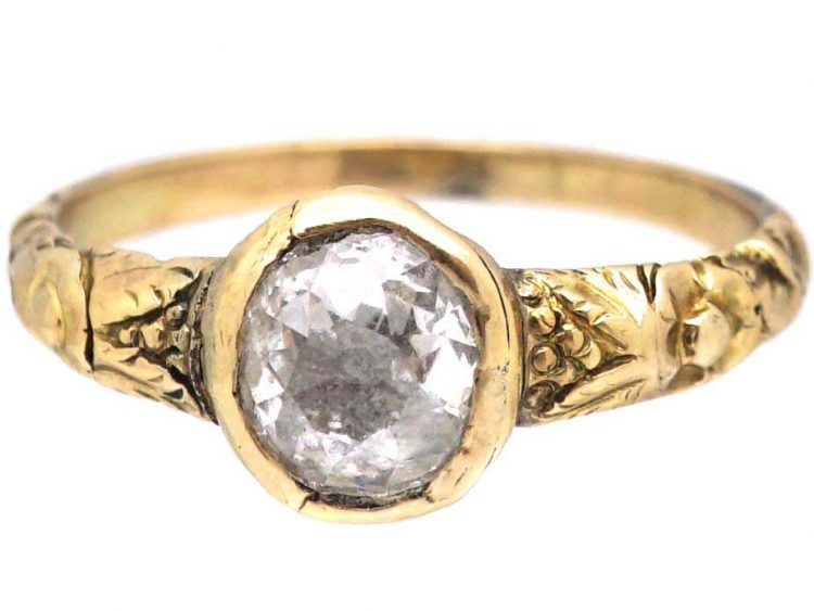 Georgian 15ct Gold & Cushion Cut Diamond Ring with Ornate Shoulders