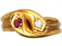 Victorian 18ct Gold Double Snake Ring set with a Ruby & a Diamond