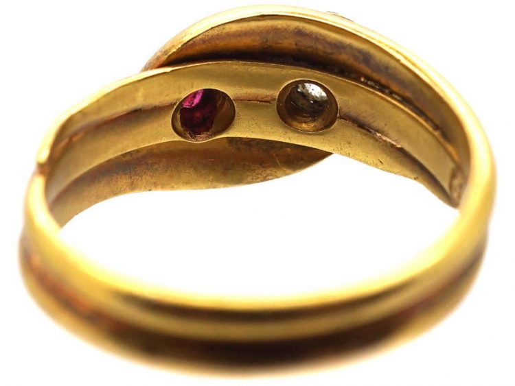 Victorian 18ct Gold Double Snake Ring set with a Ruby & a Diamond