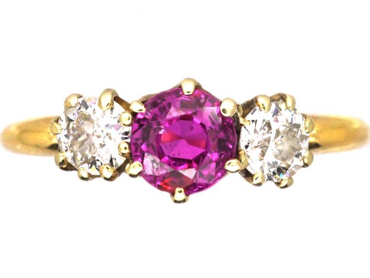 Edwardian 18ct Gold, Pink Sapphire & Diamond Three Stone Ring