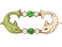 Victorian 18ct Gold & Enamel Dolphins Brooch by Alfred Phillips set with Green Garnets & Diamonds