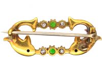 Victorian 18ct Gold & Enamel Dolphins Brooch by Alfred Phillips set with Green Garnets & Diamonds