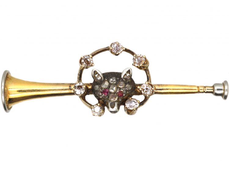 Edwardian 15ct Gold & Platinum Brooch of a Fox Head, Horseshoe & a Hunting Horn set with Diamonds & Ruby Eyes