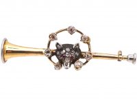 Edwardian 15ct Gold & Platinum Brooch of a Fox Head, Horseshoe & a Hunting Horn set with Diamonds & Ruby Eyes