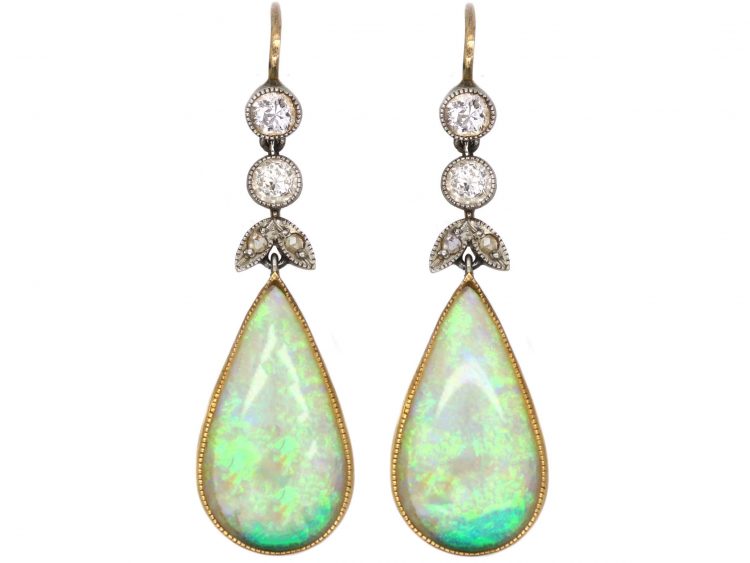 Edwardian 15ct Gold & Platinum, Opal & Diamond Drop Earrings