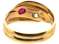 Edwardian 18ct Gold Double Snake Ring set with a Ruby & a Diamond