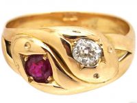 Edwardian 18ct Gold Double Snake Ring set with a Ruby & a Diamond
