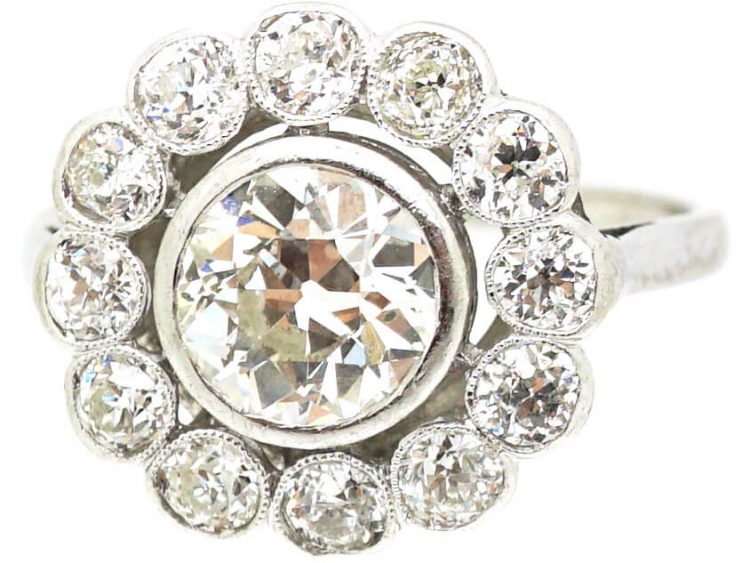 French Early 20th Century Platinum & Diamond Large Cluster Ring