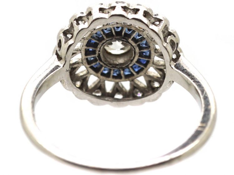 Art Deco Platinum Target Ring set with Diamonds & Calibre Sapphires