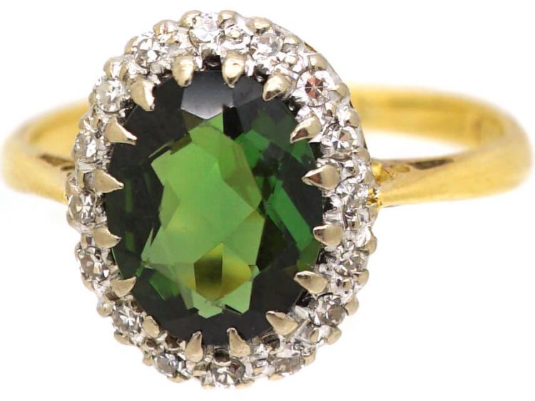 18ct Gold, Green Tourmaline & Diamond Cluster Ring