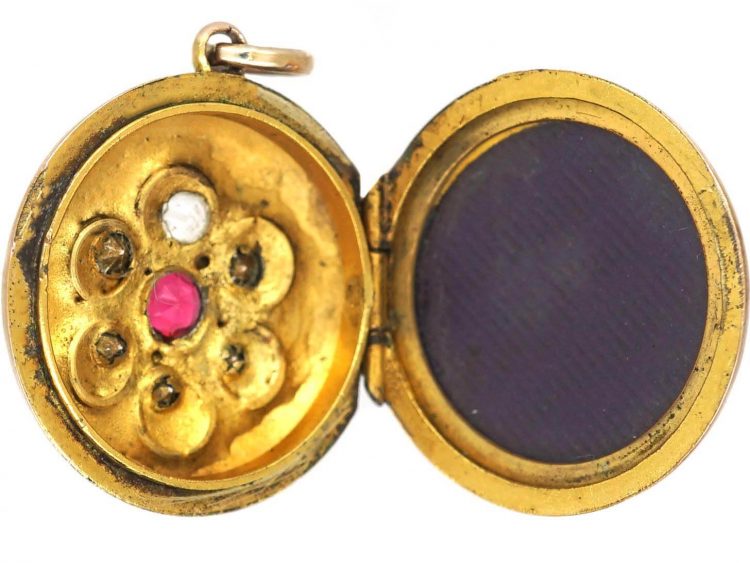 Edwardian 9ct Back & Front Round Locket with Flower Motif set with Paste