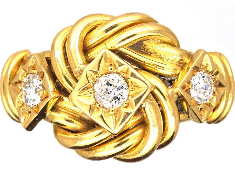 Edwardian 18ct Gold Lover's Knot Ring set with Three Diamonds