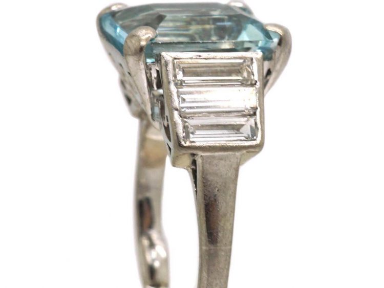 Art Deco Platinum, Aquamarine & Baguette Diamond Ring