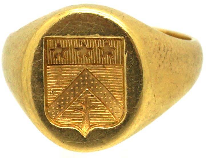 French 18ct Gold Signet Ring with Shield & Crest Intaglio