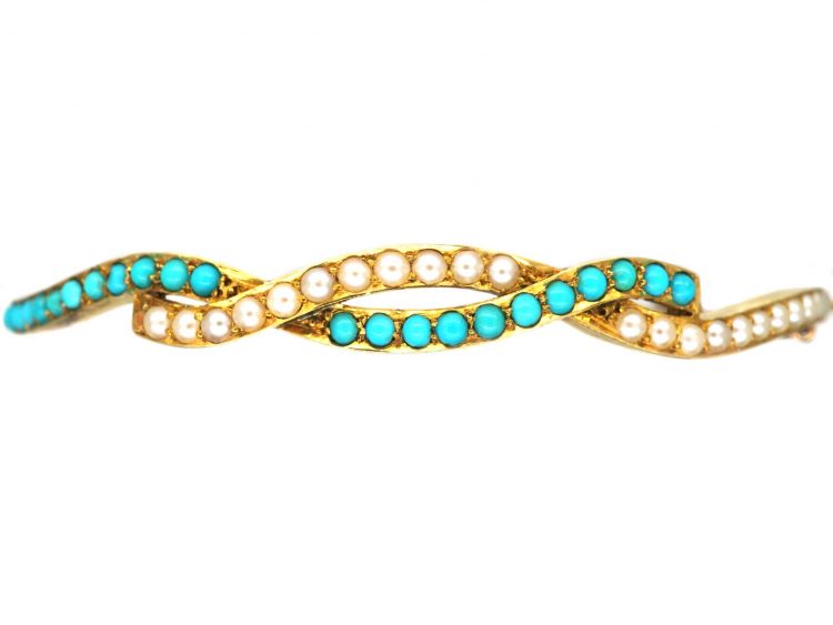 Edwardian 15ct Gold Twist Bangle set with Turquoise & Natural Split Pearls