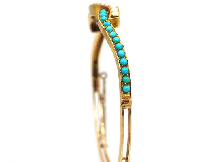 Edwardian 15ct Gold Twist Bangle set with Turquoise & Natural Split Pearls