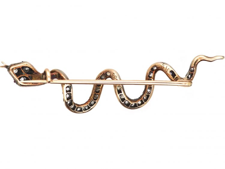 Victorian Gold & Silver Snake Brooch set with Graduated Diamonds in Original Case