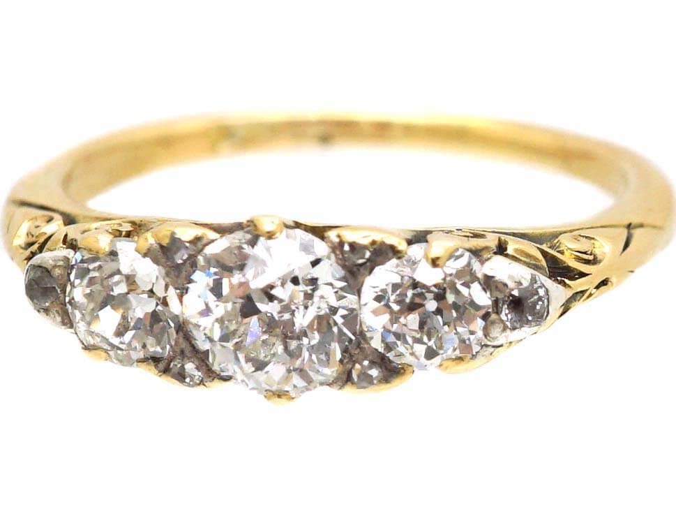 Edwardian 18ct Gold, Three Stone Diamond Ring with Rose Diamond Points ...