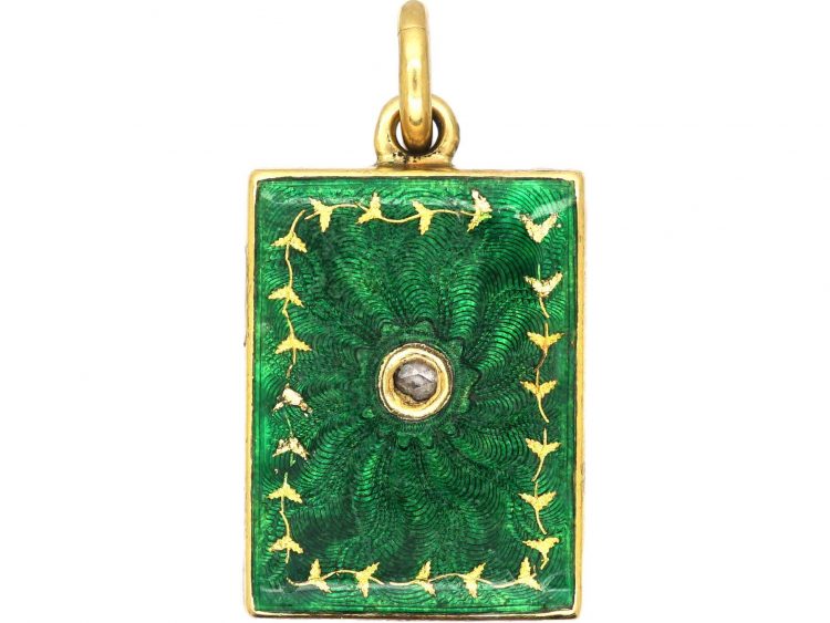 Edwardian 18ct Gold, Green Enamel & Rose Diamond Rectangular Locket