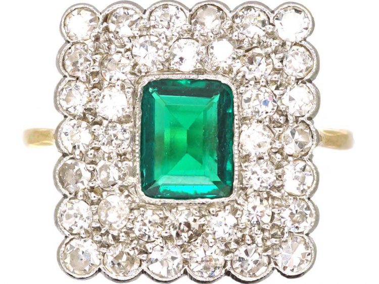 Art Deco 18ct Gold & Platinum Square Ring set with an Emerald & Diamonds
