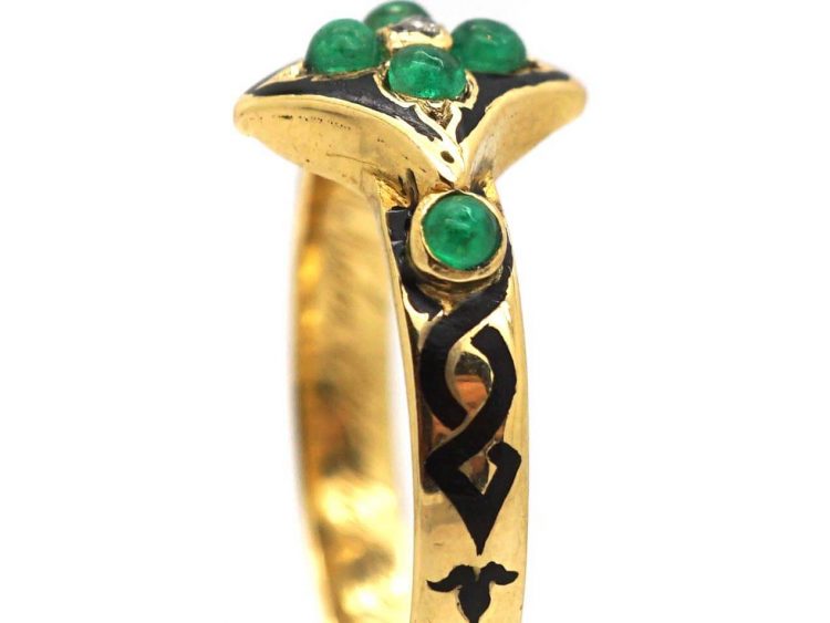 Early Victorian 18ct Gold & Black Enamel Mourning Ring set with Cabochon Emeralds & a Diamond