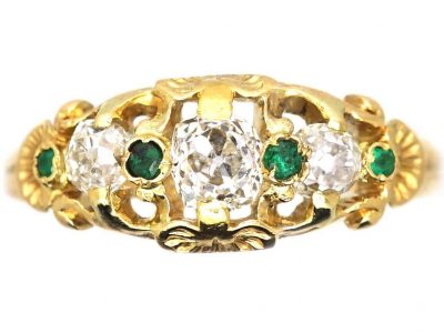Regency Old Mine Cut Diamond Three Stone Ring with Emerald Detail
