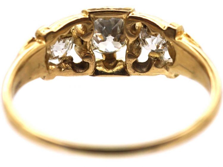 Regency Old Mine Cut Diamond Three Stone Ring with Emerald Detail