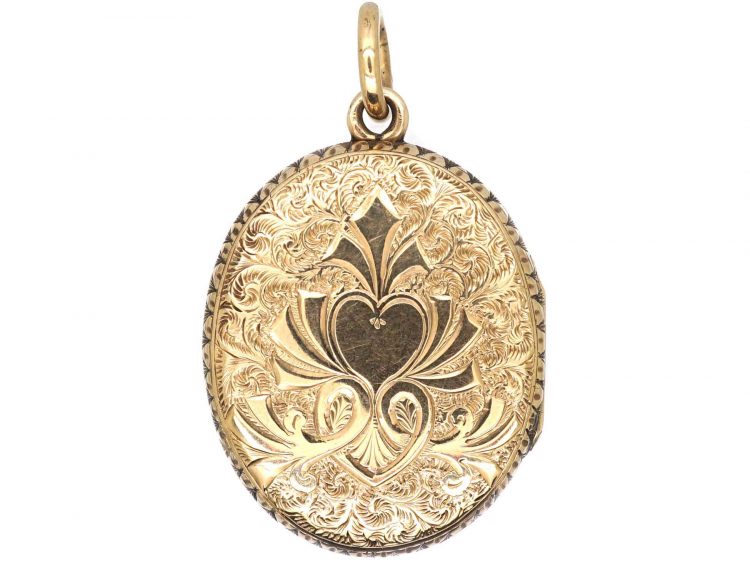 Victorian 15ct Gold Oval Engraved Locket with Heart Cartouche