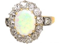 Edwardian 18ct Gold, Opal & Diamond Cluster Ring with Diamond Set Shoulders